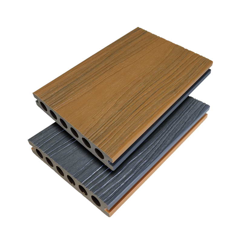SRL-138*23mm Luar Ruangan WPC Komposit 3D Deep Embossing Co-ekstrusi Bulat Berongga Perak Abu-abu Lantai Decking